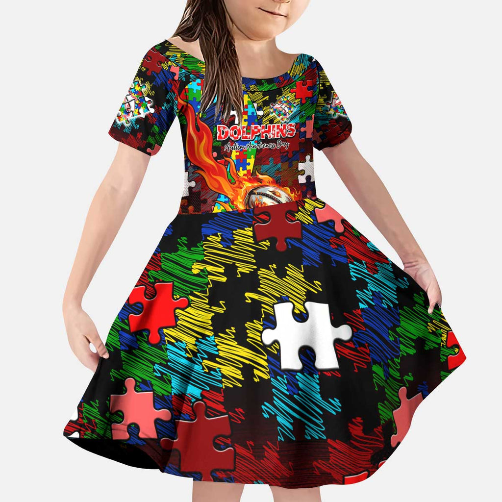 Dolphins Autism Awareness Kid Short Sleeve Dress Puzzle Flames Rugby Ball
