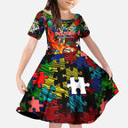 Dolphins Autism Awareness Kid Short Sleeve Dress Puzzle Flames Rugby Ball