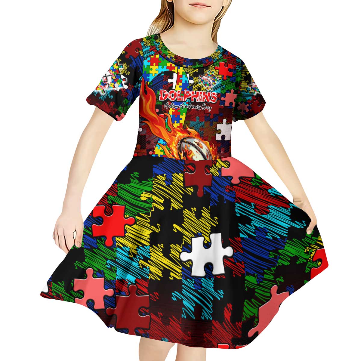 Dolphins Autism Awareness Kid Short Sleeve Dress Puzzle Flames Rugby Ball
