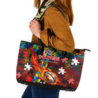 Dolphins Autism Awareness Leather Tote Bag Puzzle Flames Rugby Ball