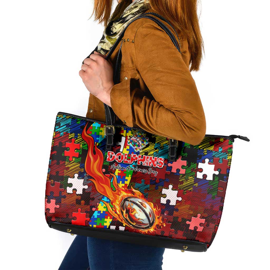 Dolphins Autism Awareness Leather Tote Bag Puzzle Flames Rugby Ball