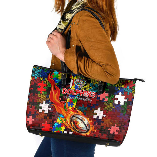 Dolphins Autism Awareness Leather Tote Bag Puzzle Flames Rugby Ball