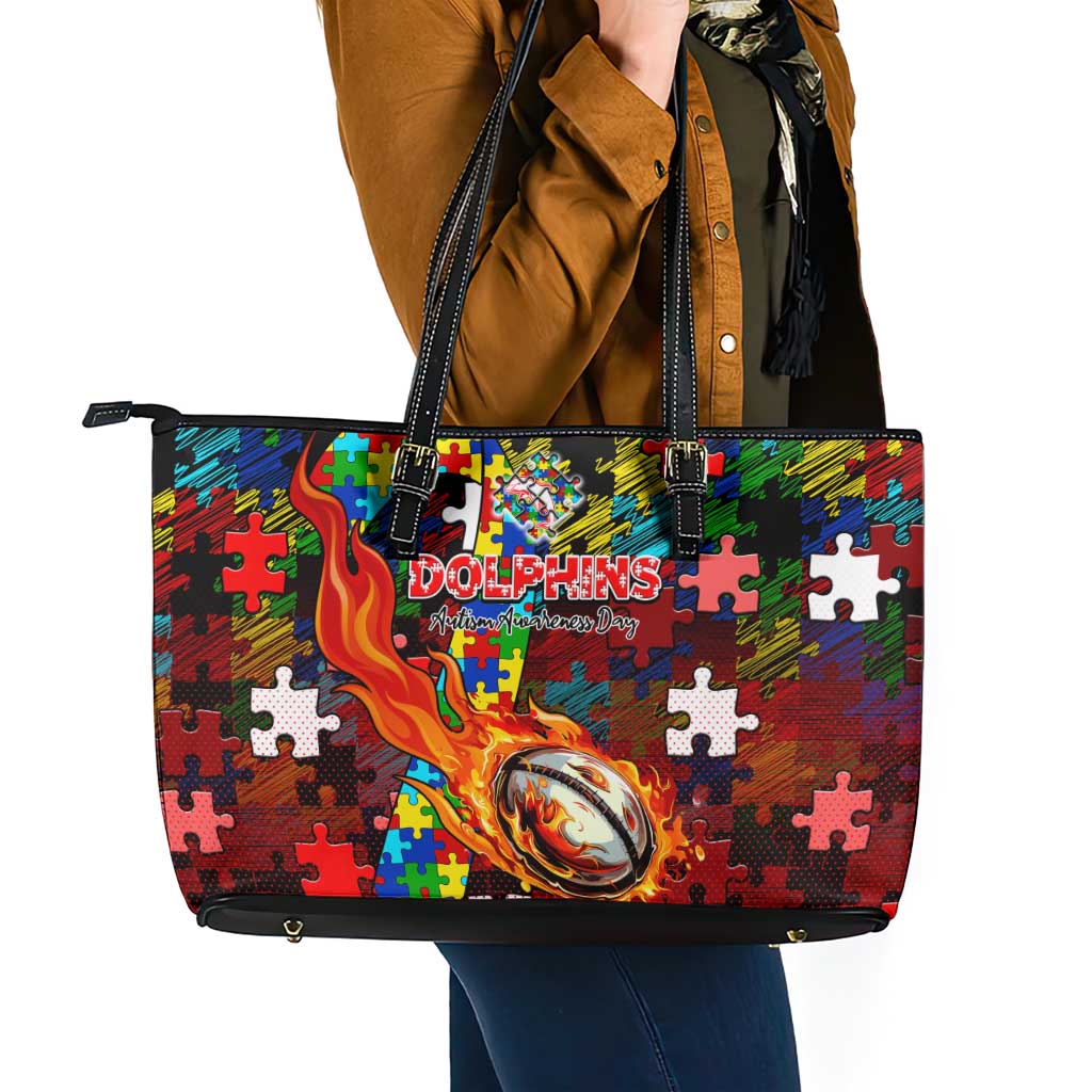 Dolphins Autism Awareness Leather Tote Bag Puzzle Flames Rugby Ball