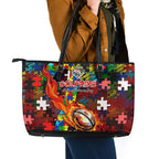 Dolphins Autism Awareness Leather Tote Bag Puzzle Flames Rugby Ball
