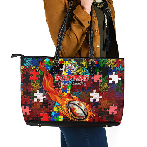 Dolphins Autism Awareness Leather Tote Bag Puzzle Flames Rugby Ball