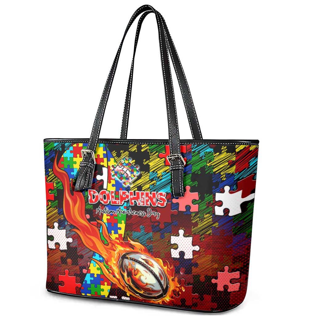 Dolphins Autism Awareness Leather Tote Bag Puzzle Flames Rugby Ball