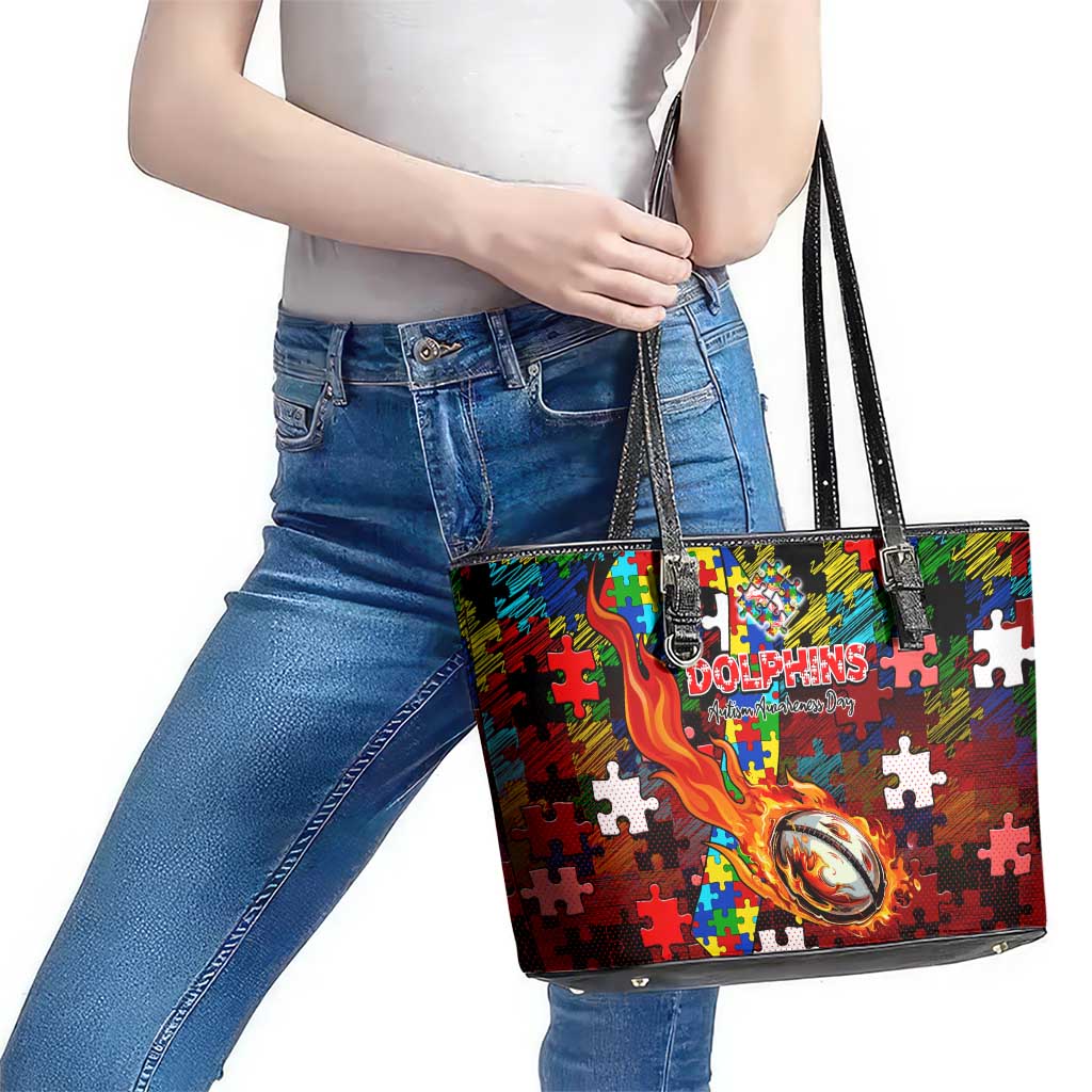 Dolphins Autism Awareness Leather Tote Bag Puzzle Flames Rugby Ball