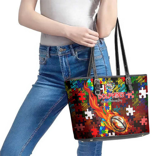 Dolphins Autism Awareness Leather Tote Bag Puzzle Flames Rugby Ball