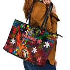 Dolphins Autism Awareness Leather Tote Bag Puzzle Flames Rugby Ball