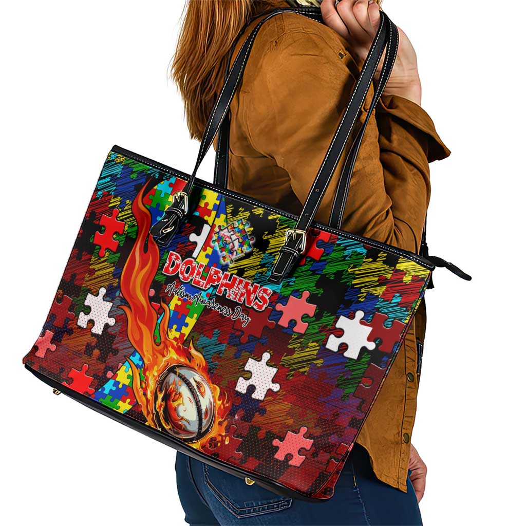 Dolphins Autism Awareness Leather Tote Bag Puzzle Flames Rugby Ball
