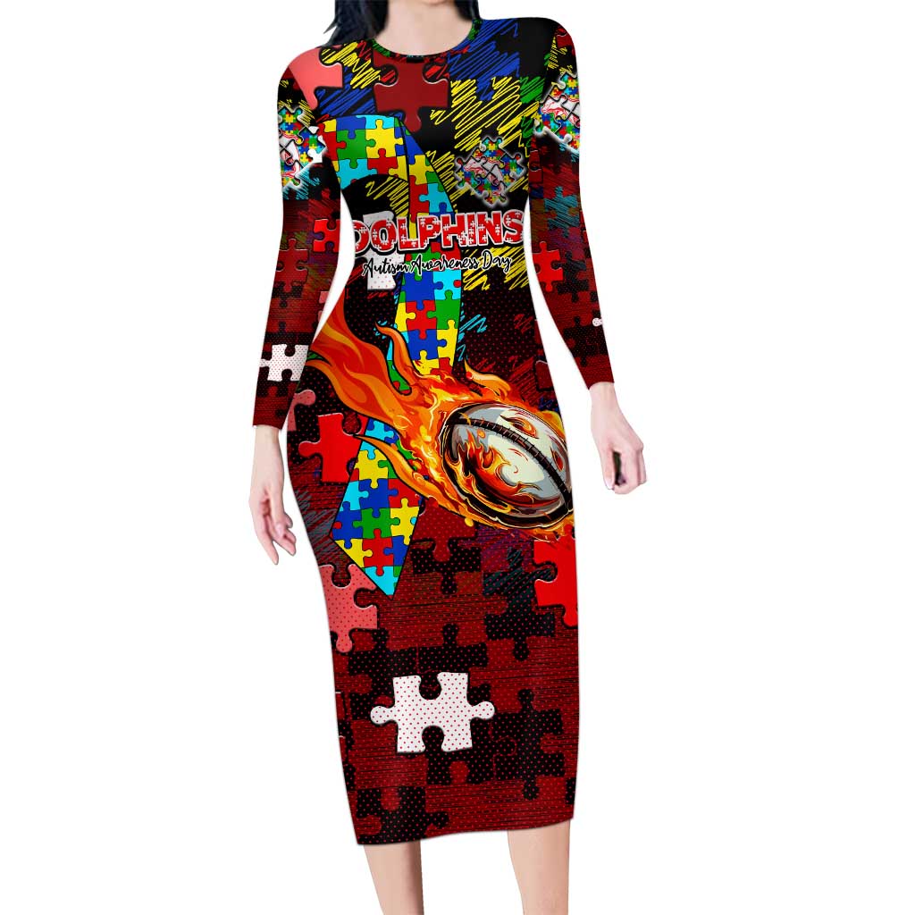 Dolphins Autism Awareness Long Sleeve Bodycon Dress Puzzle Flames Rugby Ball