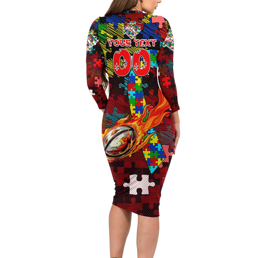 Dolphins Autism Awareness Long Sleeve Bodycon Dress Puzzle Flames Rugby Ball