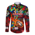 Dolphins Autism Awareness Long Sleeve Button Shirt Puzzle Flames Rugby Ball