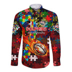 Dolphins Autism Awareness Long Sleeve Button Shirt Puzzle Flames Rugby Ball
