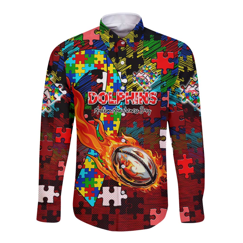 Dolphins Autism Awareness Long Sleeve Button Shirt Puzzle Flames Rugby Ball