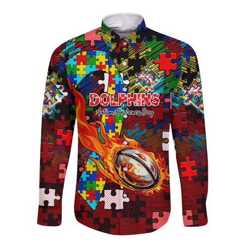 Dolphins Autism Awareness Long Sleeve Button Shirt Puzzle Flames Rugby Ball