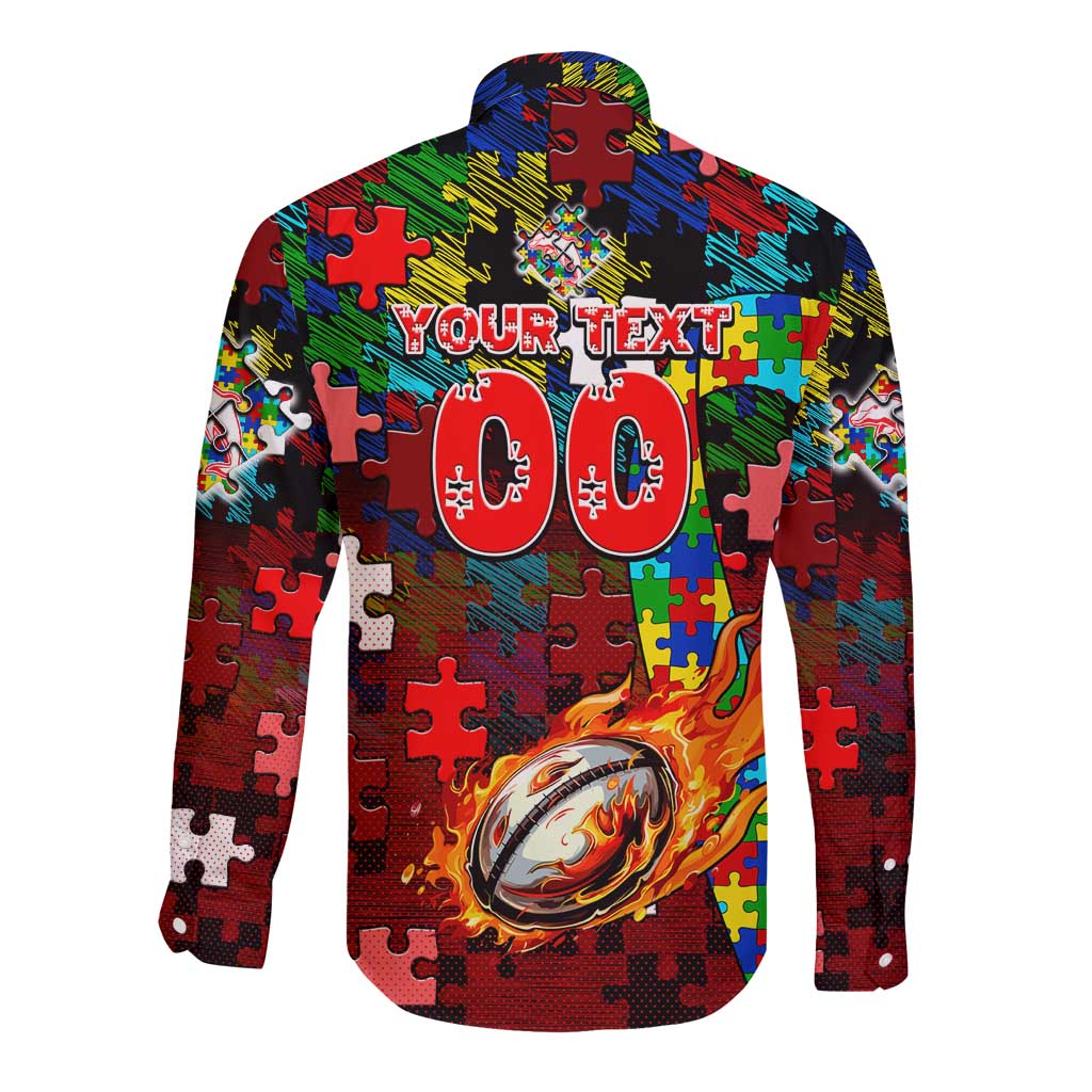 Dolphins Autism Awareness Long Sleeve Button Shirt Puzzle Flames Rugby Ball