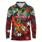 Dolphins Autism Awareness Long Sleeve Polo Shirt Puzzle Flames Rugby Ball
