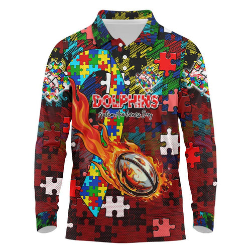 Dolphins Autism Awareness Long Sleeve Polo Shirt Puzzle Flames Rugby Ball