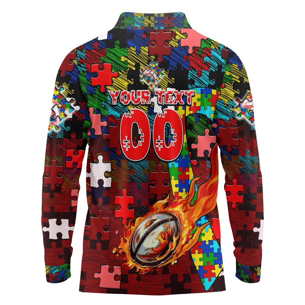 Dolphins Autism Awareness Long Sleeve Polo Shirt Puzzle Flames Rugby Ball