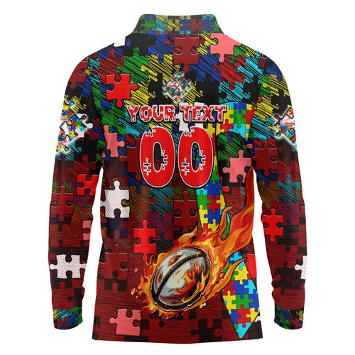 Dolphins Autism Awareness Long Sleeve Polo Shirt Puzzle Flames Rugby Ball