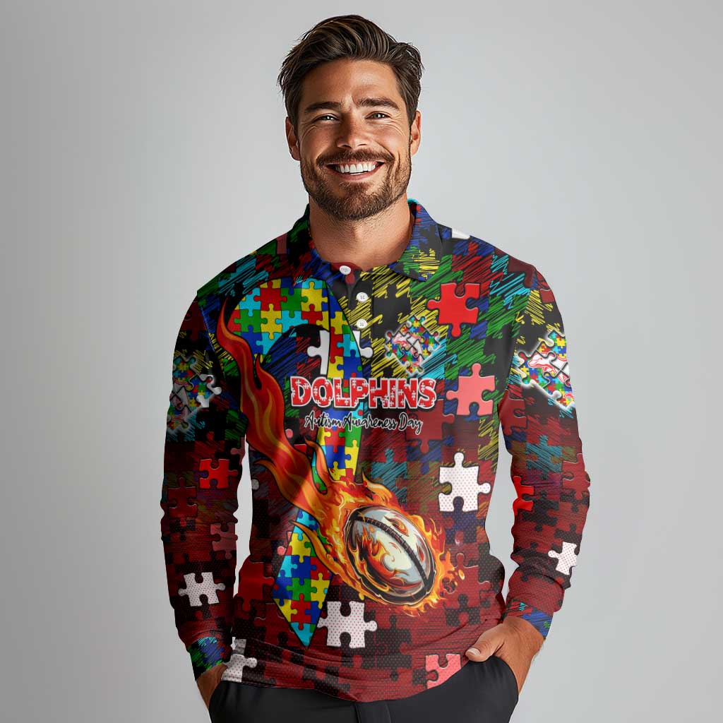 Dolphins Autism Awareness Long Sleeve Polo Shirt Puzzle Flames Rugby Ball