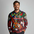Dolphins Autism Awareness Long Sleeve Polo Shirt Puzzle Flames Rugby Ball
