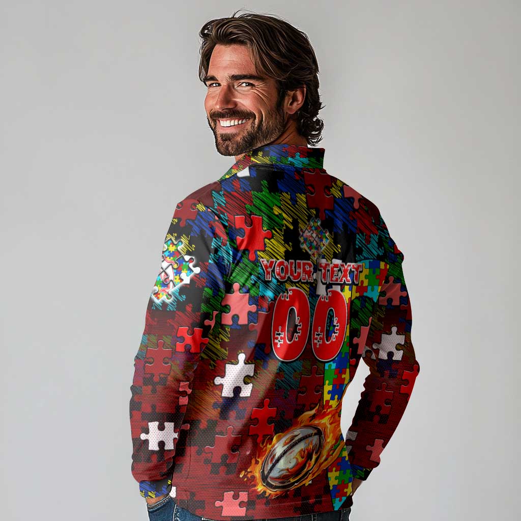 Dolphins Autism Awareness Long Sleeve Polo Shirt Puzzle Flames Rugby Ball