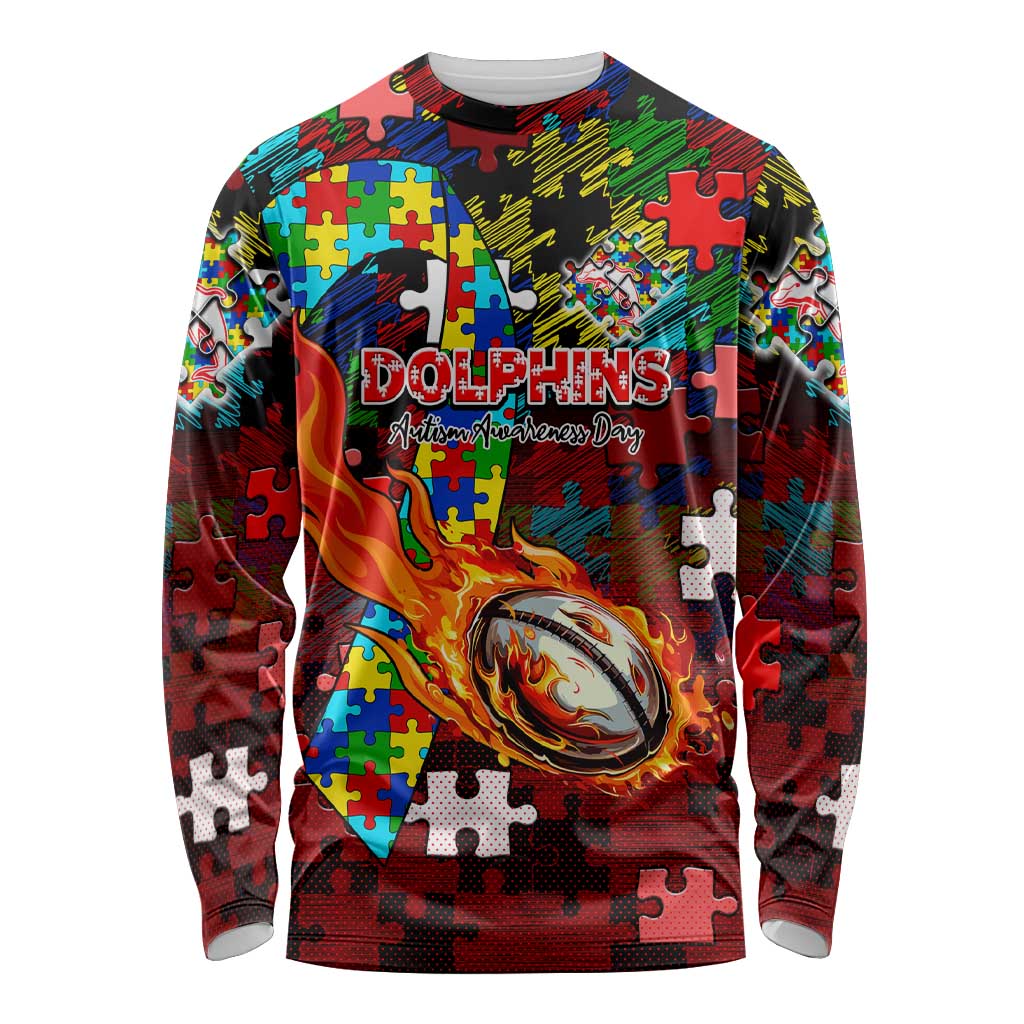 Dolphins Autism Awareness Long Sleeve Shirt Puzzle Flames Rugby Ball