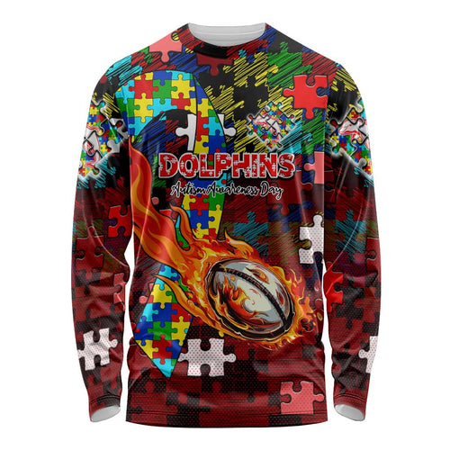 Dolphins Autism Awareness Long Sleeve Shirt Puzzle Flames Rugby Ball