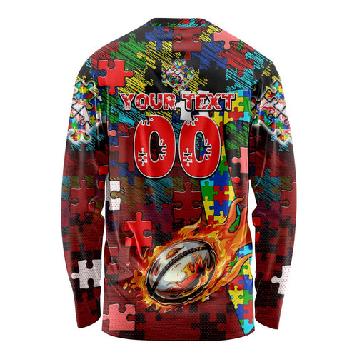 Dolphins Autism Awareness Long Sleeve Shirt Puzzle Flames Rugby Ball