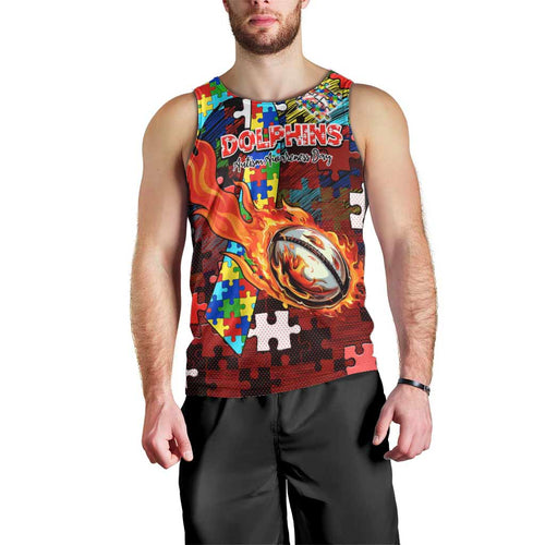 Dolphins Autism Awareness Men Tank Top Puzzle Flames Rugby Ball