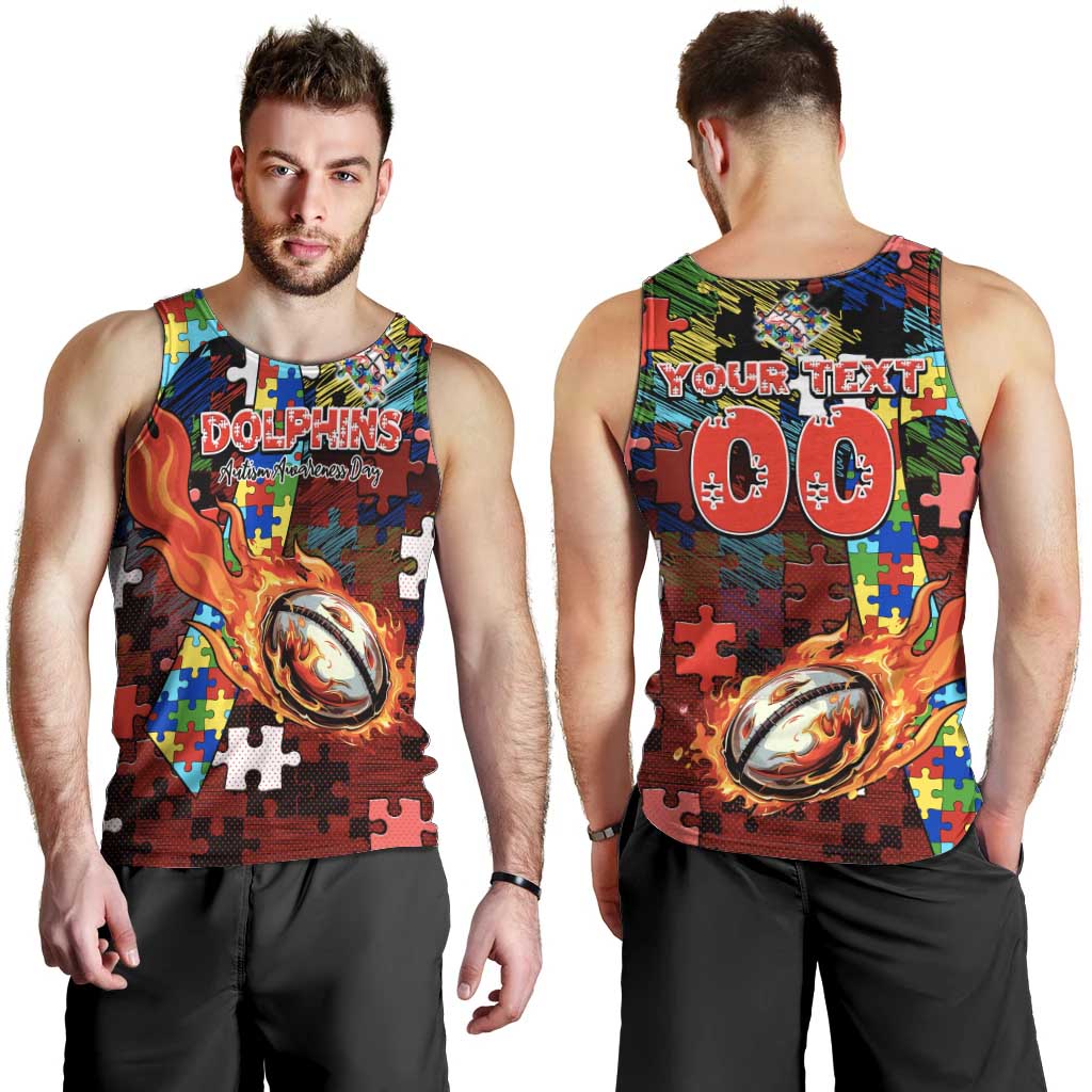 Dolphins Autism Awareness Men Tank Top Puzzle Flames Rugby Ball