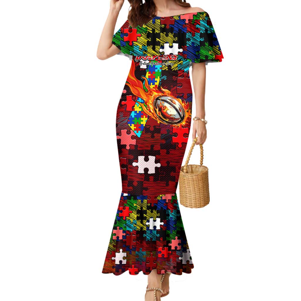 Dolphins Autism Awareness Mermaid Dress Puzzle Flames Rugby Ball