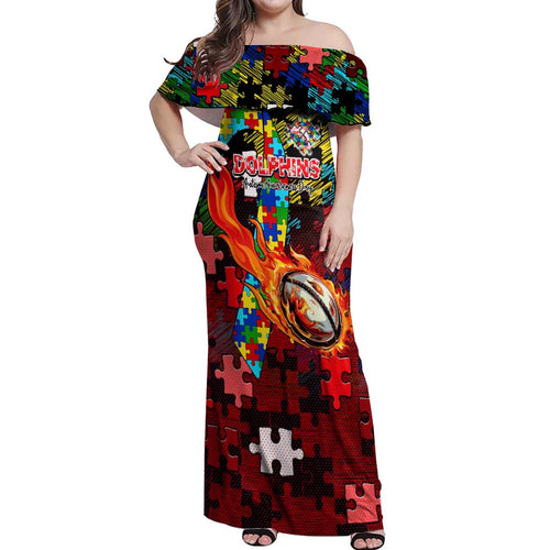 Dolphins Autism Awareness Off Shoulder Maxi Dress Puzzle Flames Rugby Ball