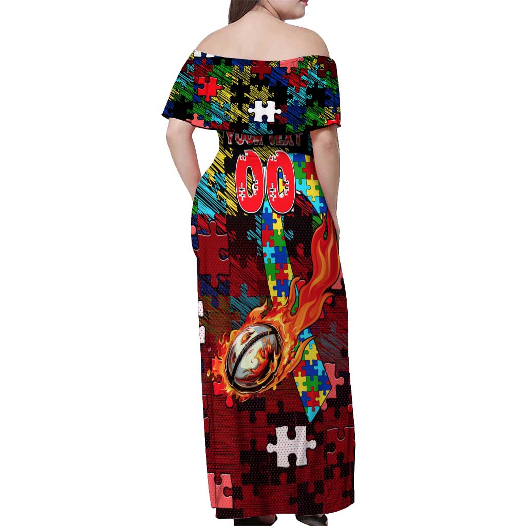 Dolphins Autism Awareness Off Shoulder Maxi Dress Puzzle Flames Rugby Ball
