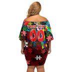 Dolphins Autism Awareness Off Shoulder Short Dress Puzzle Flames Rugby Ball