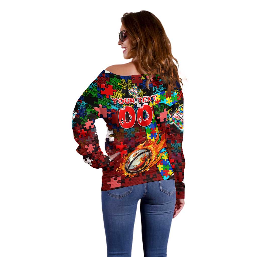 Dolphins Autism Awareness Off Shoulder Sweater Puzzle Flames Rugby Ball