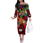 Dolphins Autism Awareness Off The Shoulder Long Sleeve Dress Puzzle Flames Rugby Ball