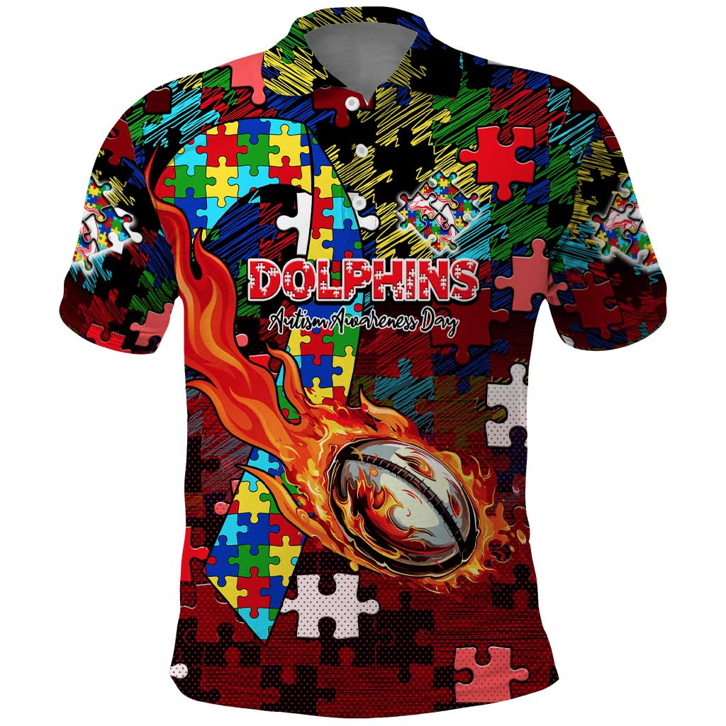 Dolphins Autism Awareness Polo Shirt Puzzle Flames Rugby Ball