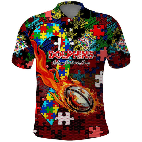 Dolphins Autism Awareness Polo Shirt Puzzle Flames Rugby Ball