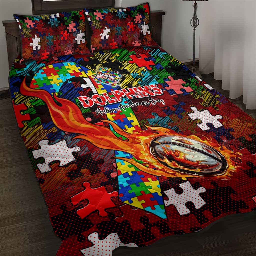 Dolphins Autism Awareness Quilt Bed Set Puzzle Flames Rugby Ball