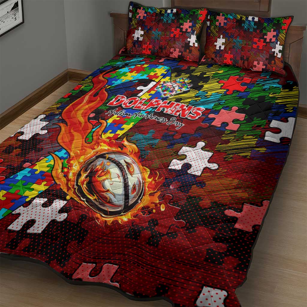 Dolphins Autism Awareness Quilt Bed Set Puzzle Flames Rugby Ball
