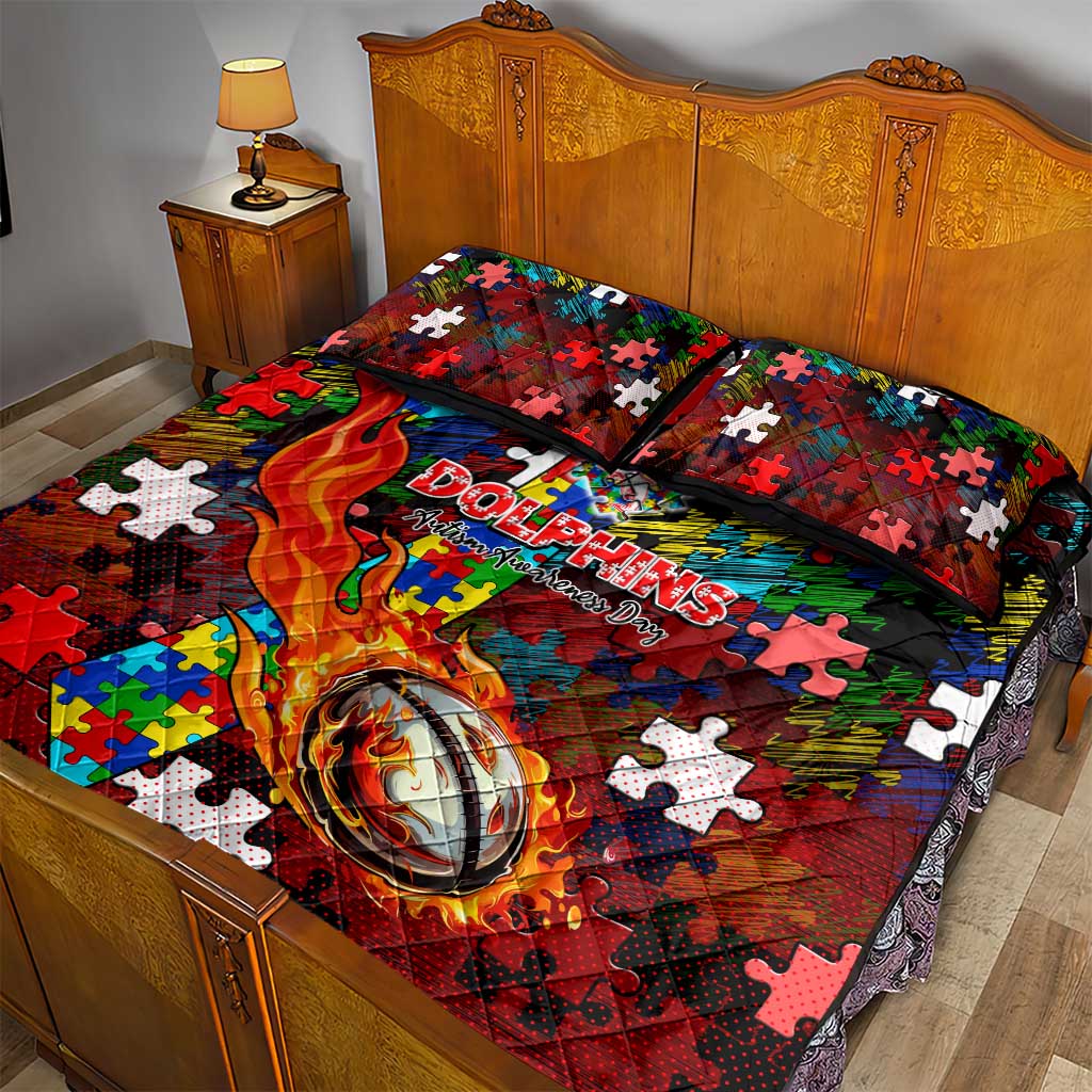 Dolphins Autism Awareness Quilt Bed Set Puzzle Flames Rugby Ball