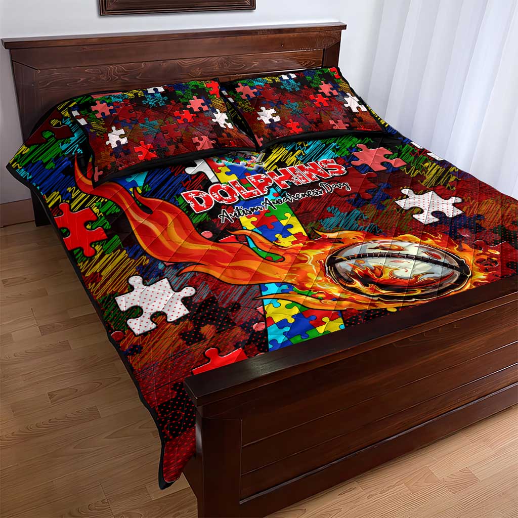 Dolphins Autism Awareness Quilt Bed Set Puzzle Flames Rugby Ball