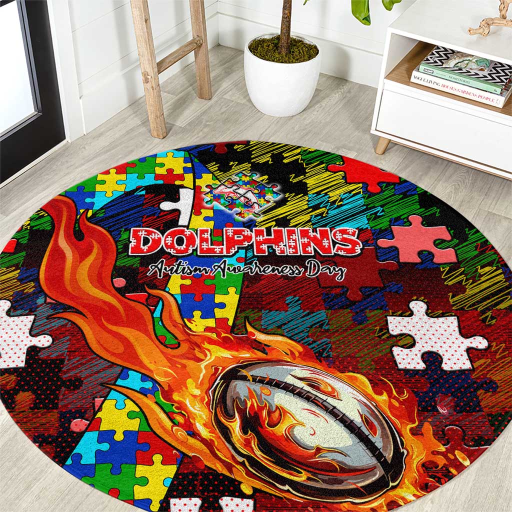 Dolphins Autism Awareness Round Carpet Puzzle Flames Rugby Ball