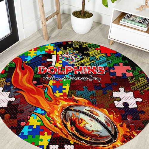 Dolphins Autism Awareness Round Carpet Puzzle Flames Rugby Ball