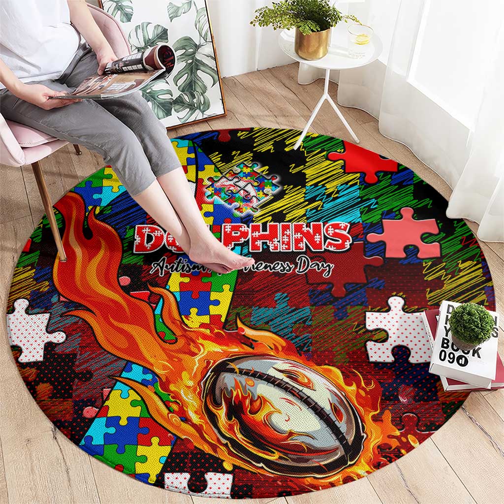Dolphins Autism Awareness Round Carpet Puzzle Flames Rugby Ball