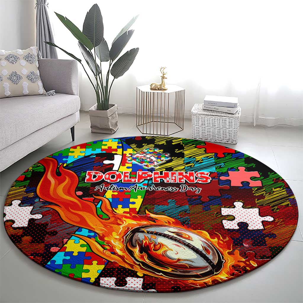 Dolphins Autism Awareness Round Carpet Puzzle Flames Rugby Ball
