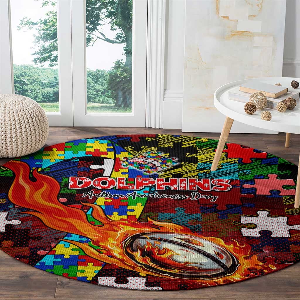 Dolphins Autism Awareness Round Carpet Puzzle Flames Rugby Ball